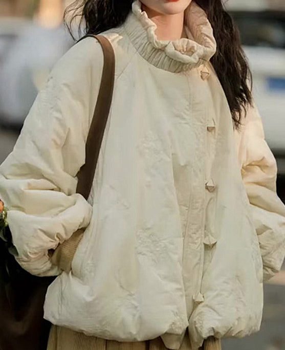 Loose Beige Ruffled Pockets Fine Cotton Filled Coat Lantern Sleeve