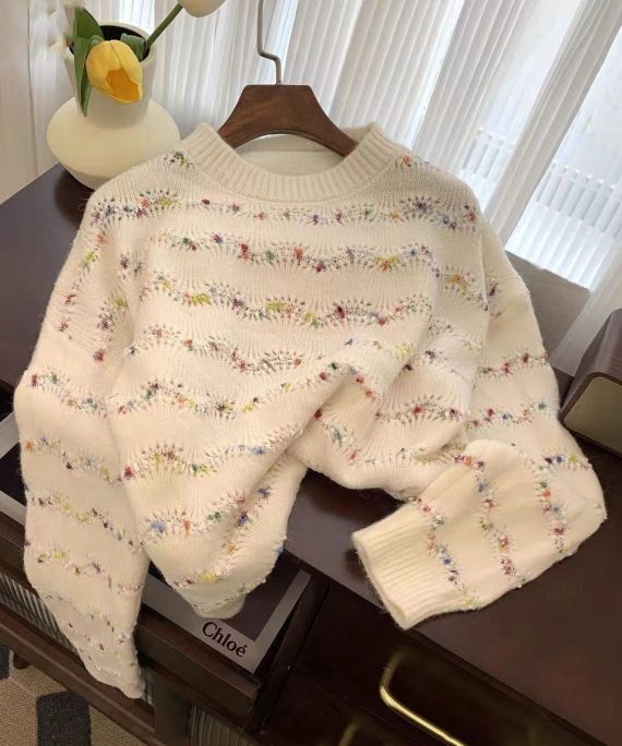 Loose Beige Striped Cozy Knit Sweaters O-Neck Spring