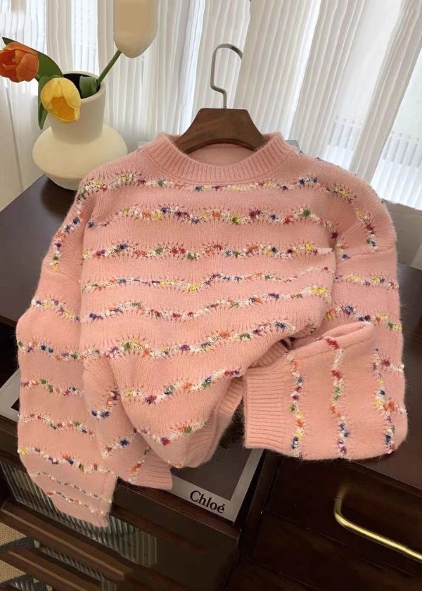 Loose Beige Striped Cozy Knit Sweaters O-Neck Spring - Image 2