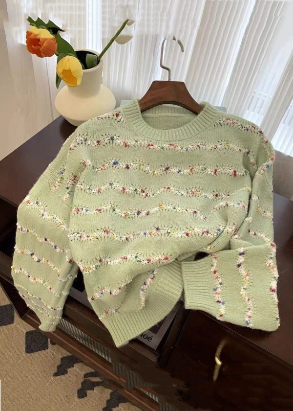 Loose Beige Striped Cozy Knit Sweaters O-Neck Spring - Image 3