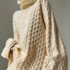 Loose Beige Turtleneck Cotton Cable Knit Sweater Spring