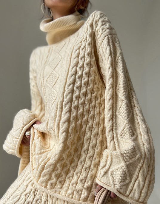 Loose Beige Turtleneck Cotton Cable Knit Sweater Spring