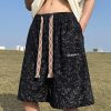 Loose Black Lace Up Pockets Cotton Men Shorts Summer