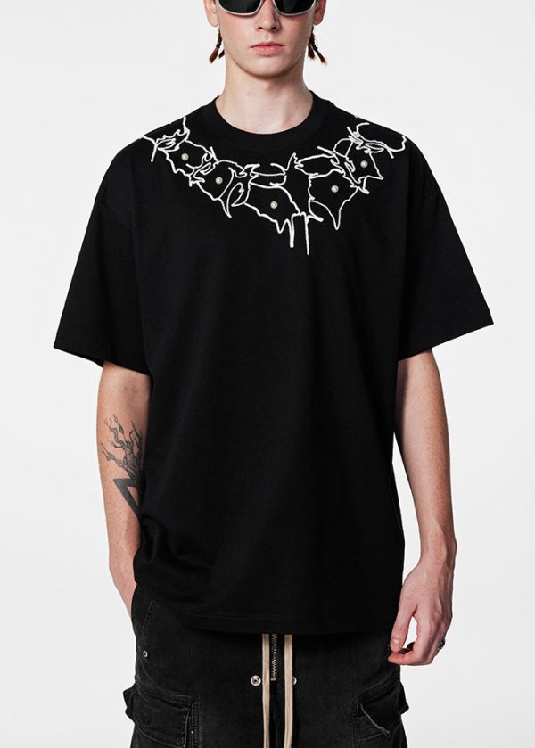 Loose Black O Neck Pearl Solid Cotton Men's T Shirts Short Sleeve - Image 3