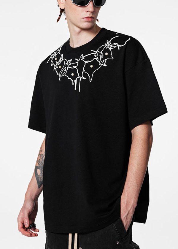 Loose Black O Neck Pearl Solid Cotton Men's T Shirts Short Sleeve - Image 4