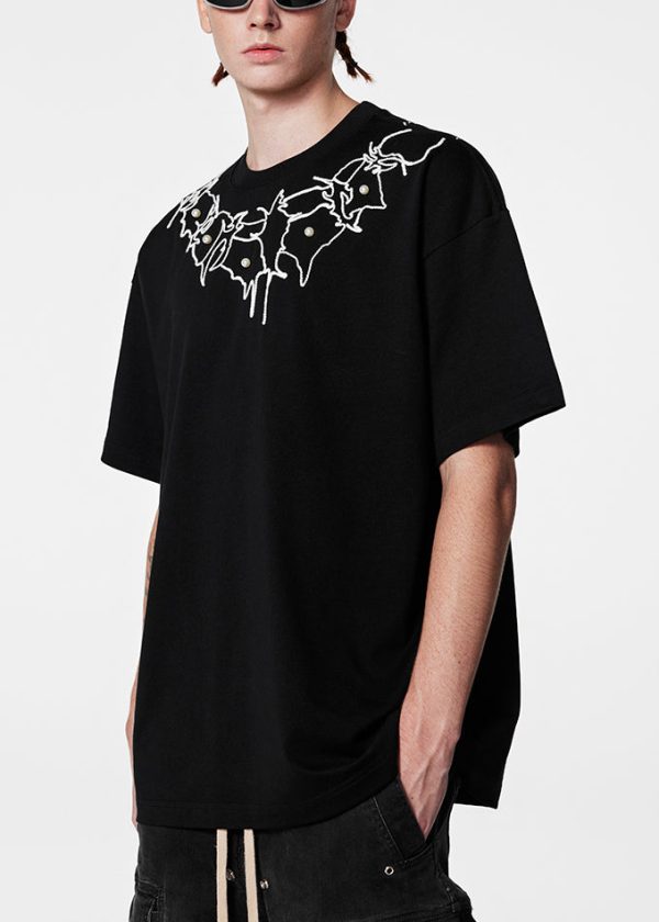 Loose Black O Neck Pearl Solid Cotton Men's T Shirts Short Sleeve - Image 5