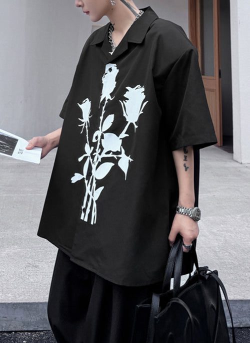 Loose Black Peter Pan Collar Print Cotton Men Shirts Summer