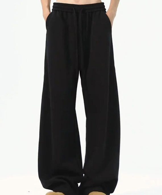 Loose Black Pockets Solid Warm Fleece Mens Pants Elastic Waist Spring
