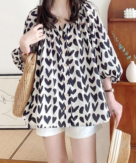 Loose Black Print Button Cotton Shirts Bracelet Sleeve