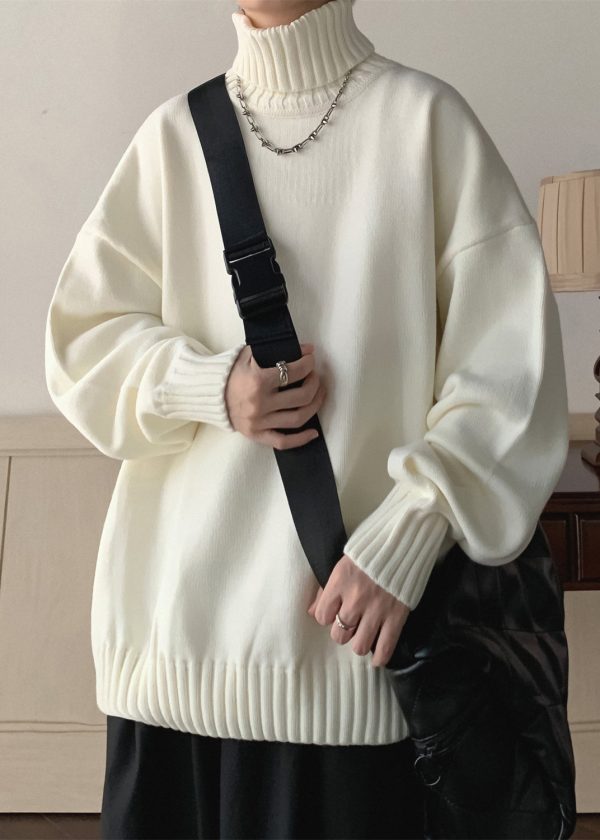 Loose Black Solid Thick Knit Mens Sweaters Turtleneck Winter - Image 2
