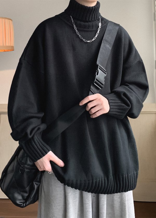 Loose Black Solid Thick Knit Mens Sweaters Turtleneck Winter - Image 5