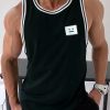 Loose Black Striped Solid Cotton Mens Tank Sleeveless