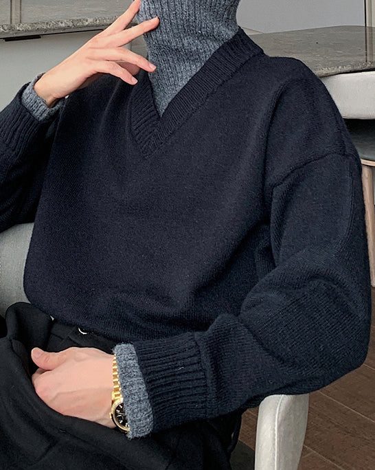 Loose Black Turtleneck Cozy Patchwork Knit Men Sweater Spring