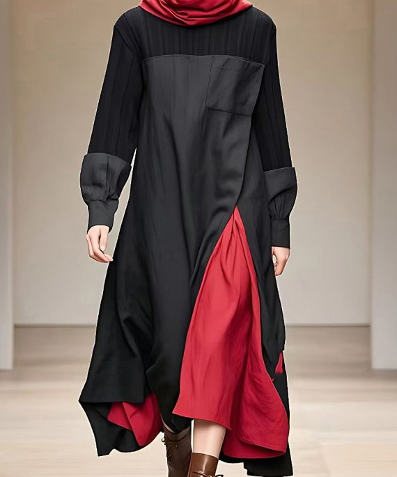 Loose Black Turtleneck Patchwork Long Dress Fall