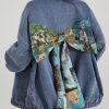 Loose Blue Bow Button Patchwork Denim Coat Spring