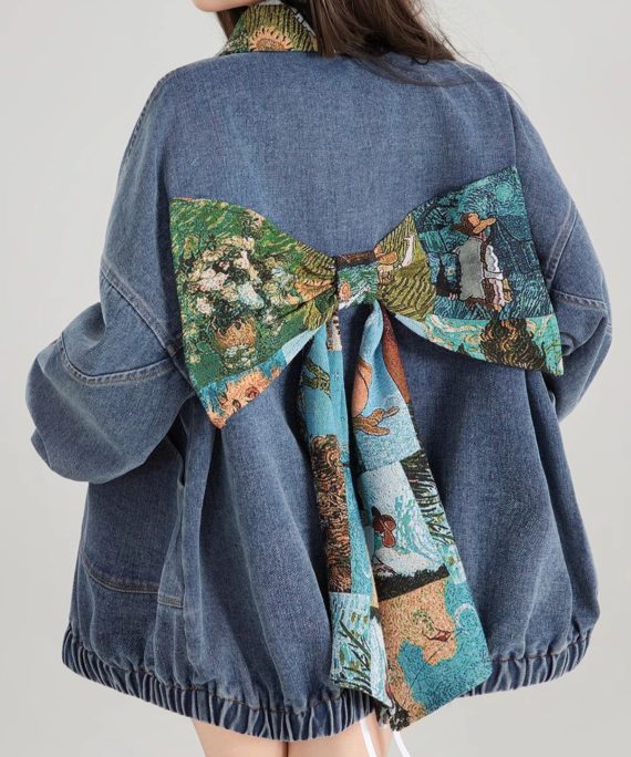 Loose Blue Bow Button Patchwork Denim Coat Spring