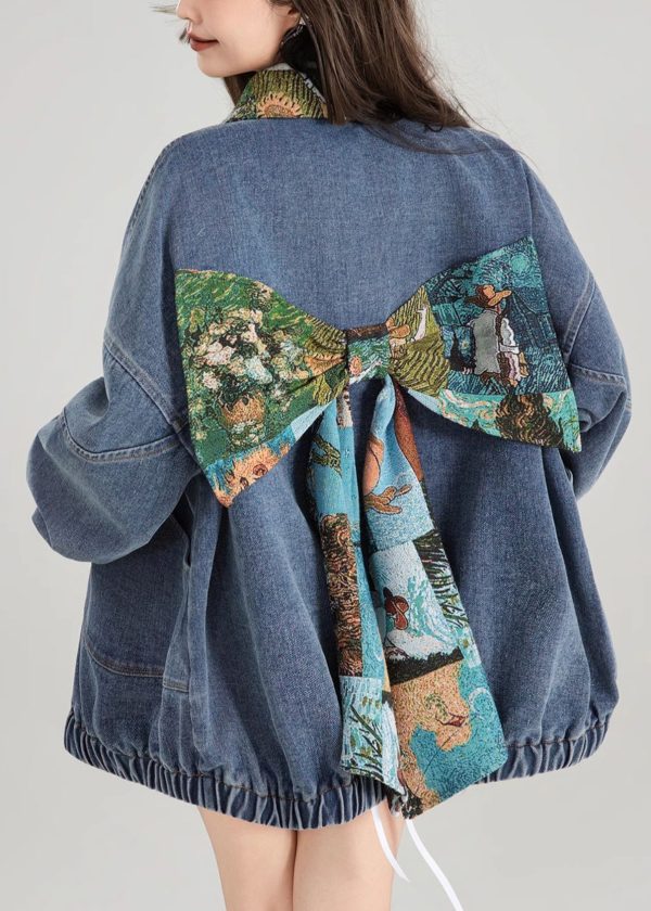 Loose Blue Bow Button Patchwork Denim Coat Spring