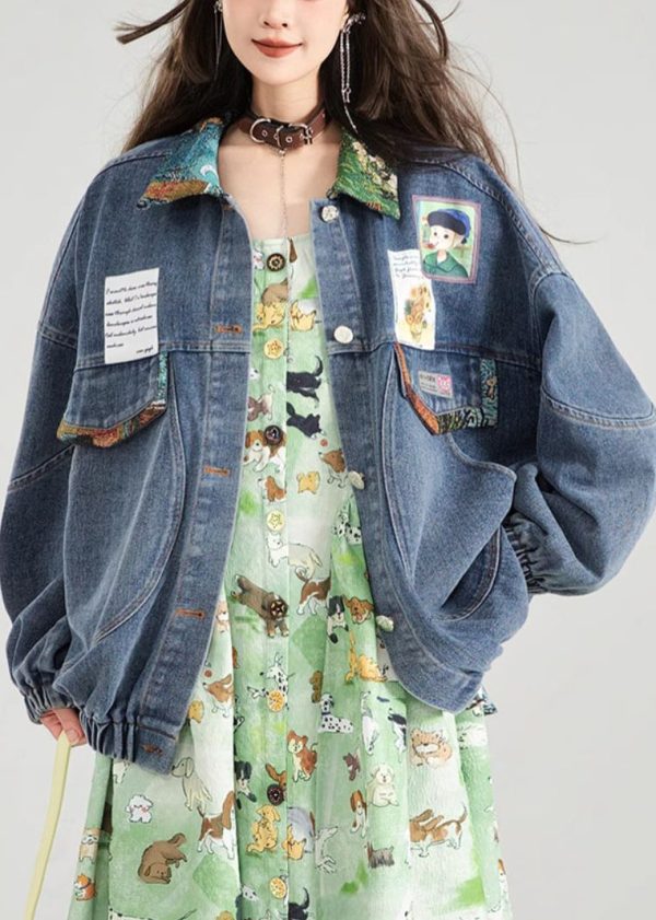 Loose Blue Bow Button Patchwork Denim Coat Spring - Image 2