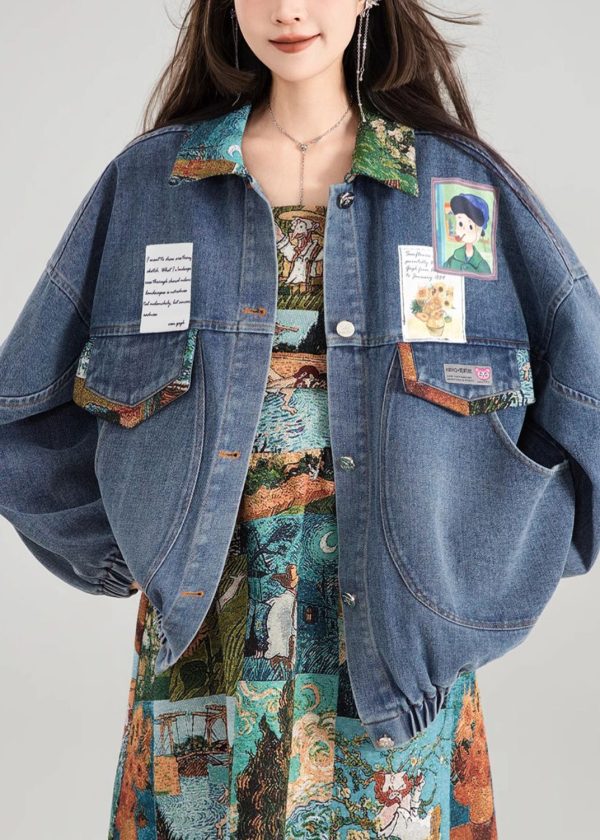 Loose Blue Bow Button Patchwork Denim Coat Spring - Image 3