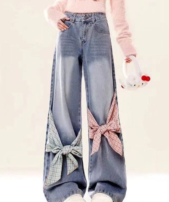 Loose Blue Bow Pockets High Waist Denim Pants Spring