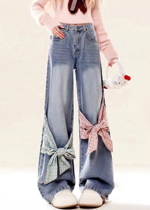 Loose Blue Bow Pockets High Waist Denim Pants Spring - Image 2