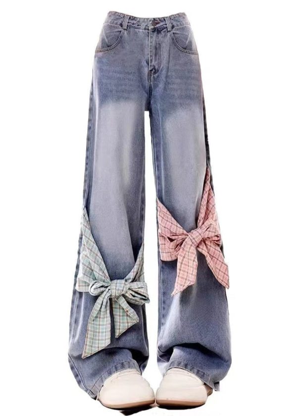 Loose Blue Bow Pockets High Waist Denim Pants Spring - Image 5