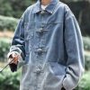 Loose Blue Button Pockets Denim Mens Coats Spring