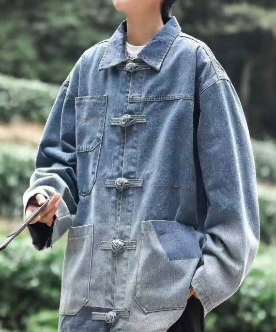 Loose Blue Button Pockets Denim Mens Coats Spring