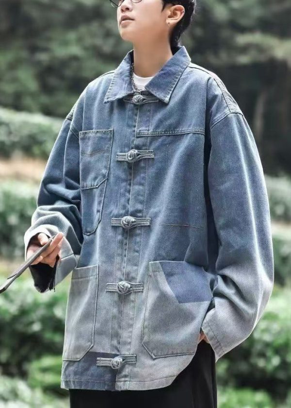 Loose Blue Button Pockets Denim Mens Coats Spring