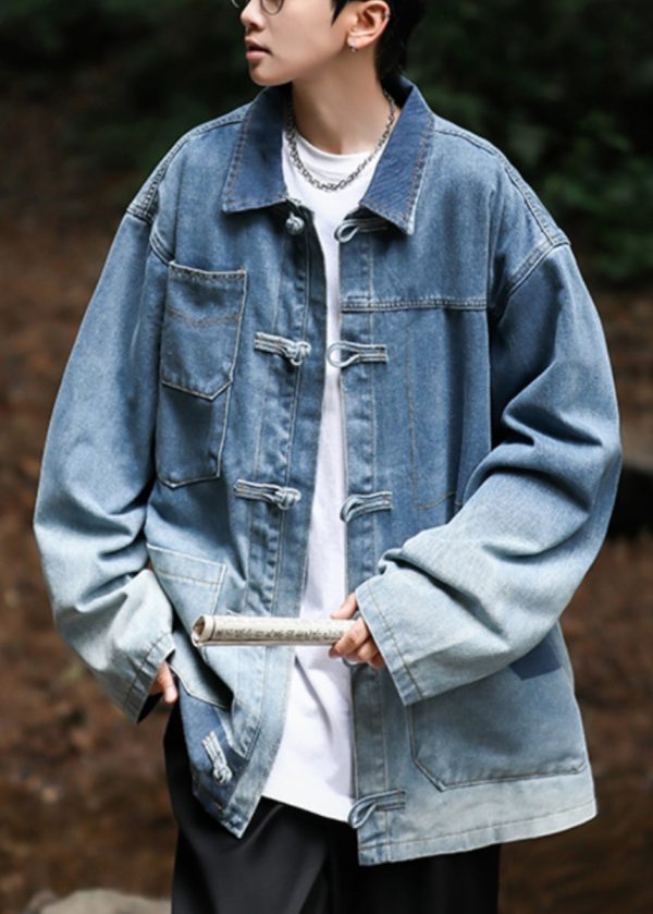 Loose Blue Button Pockets Denim Mens Coats Spring - Image 3