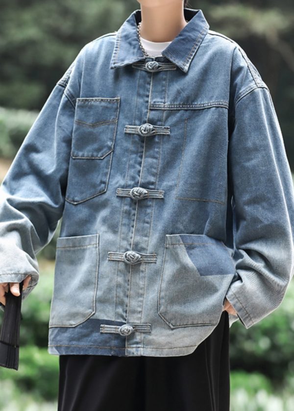 Loose Blue Button Pockets Denim Mens Coats Spring - Image 4