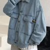 Loose Blue Button Pockets Men Coat Peter Pan Collar Spring