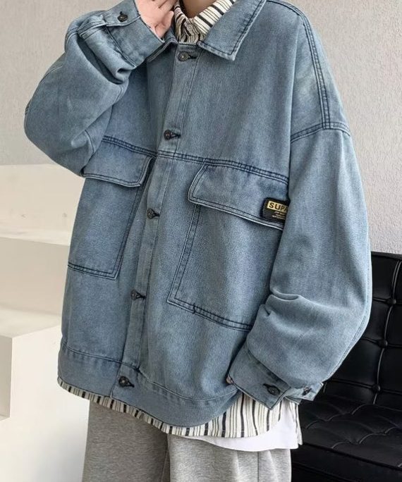 Loose Blue Button Pockets Men Coat Peter Pan Collar Spring