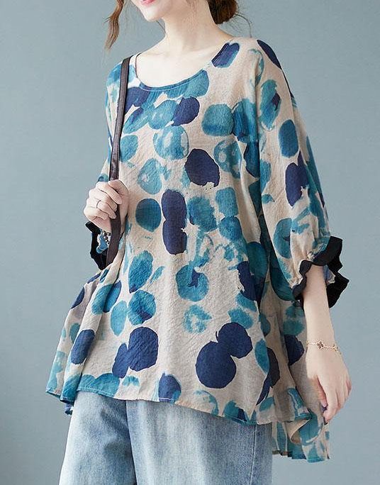 Loose Blue Dotted Batwing Sleeve Cotton Linen Tee