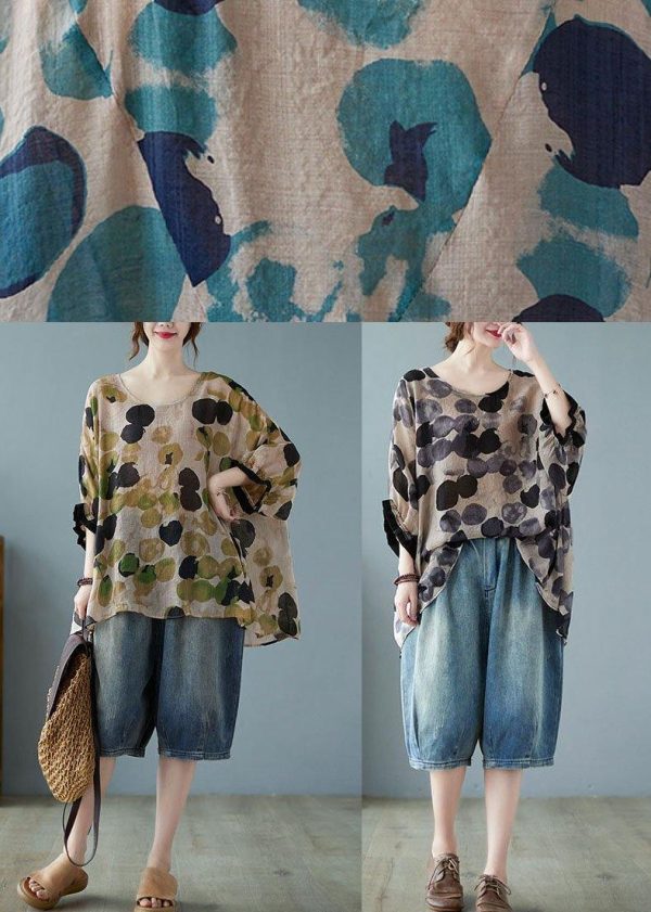Loose Blue Dotted Batwing Sleeve Cotton Linen Tee - Image 5