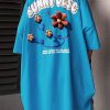 Loose Blue Floral Letter Cotton Men's T Shirts Half Sleeve