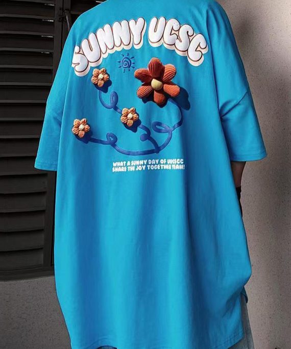 Loose Blue Floral Letter Cotton Men's T Shirts Half Sleeve