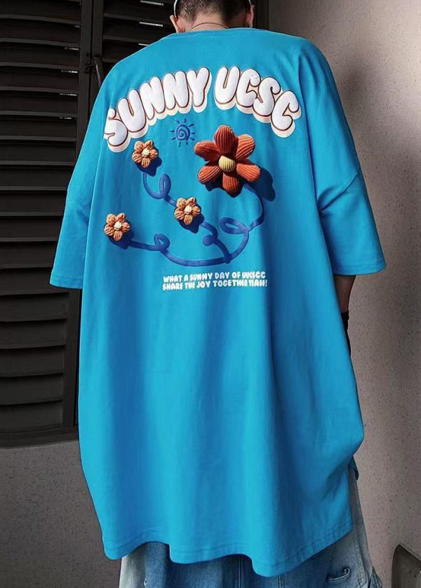 Loose Blue Floral Letter Cotton Men's T Shirts Half Sleeve