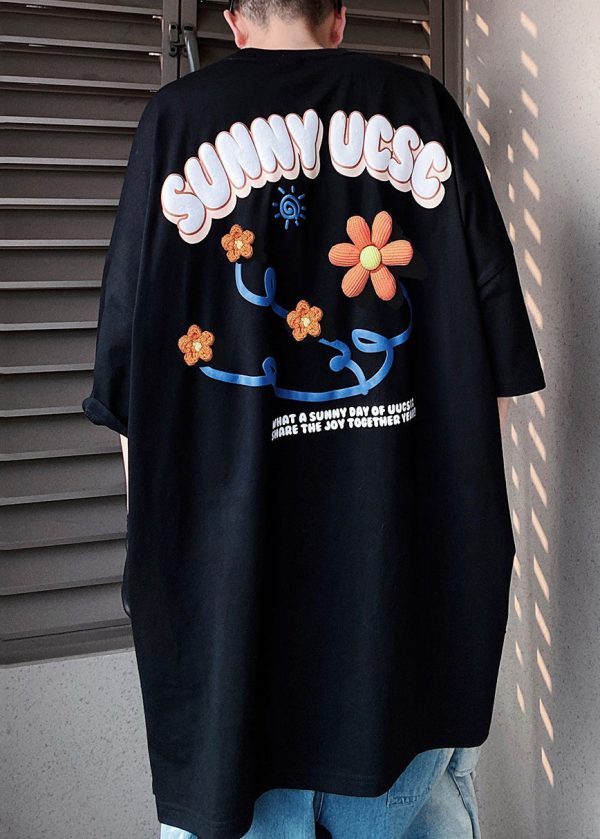 Loose Blue Floral Letter Cotton Men's T Shirts Half Sleeve - Image 2