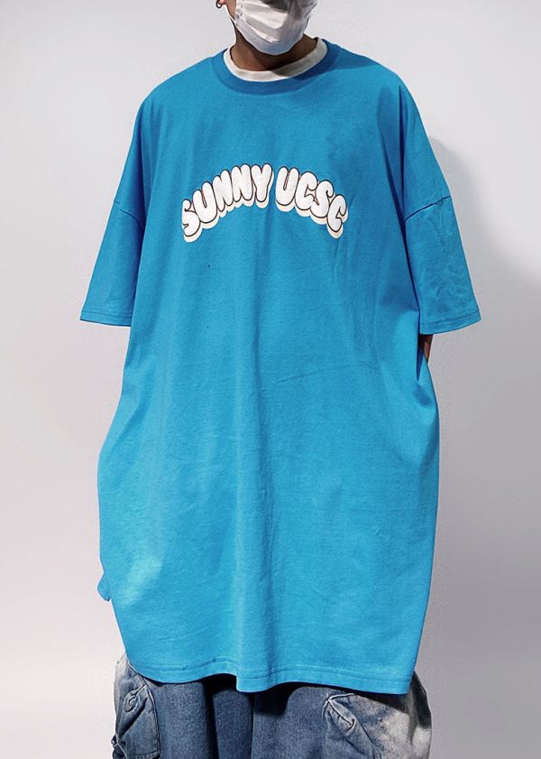 Loose Blue Floral Letter Cotton Men's T Shirts Half Sleeve - Image 3