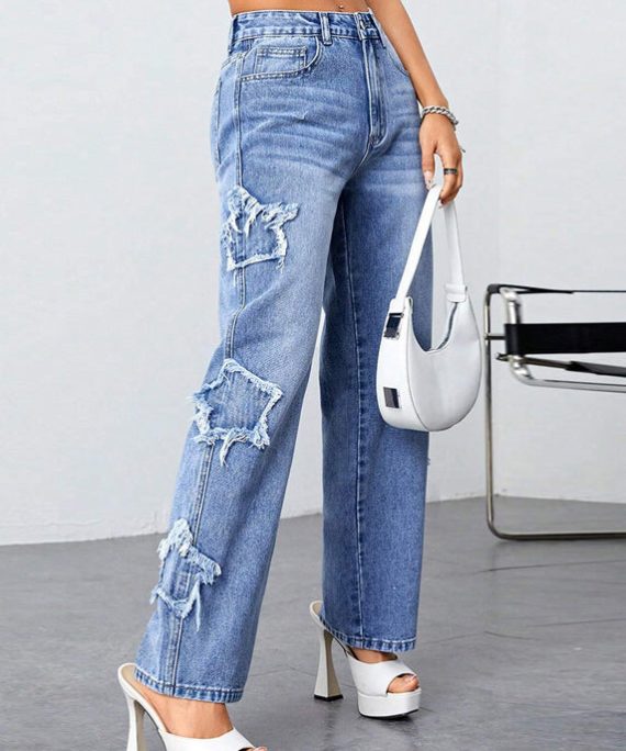 Loose Blue High Waist Patchwork Denim Pants Summer