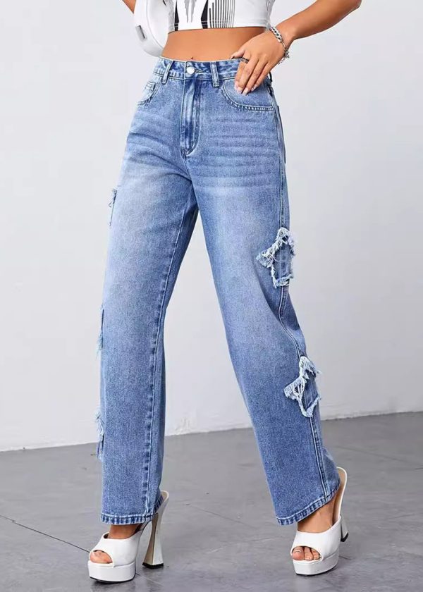Loose Blue High Waist Patchwork Denim Pants Summer - Image 3