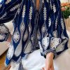Loose Blue Hollow Out Lace Up Cotton Blouses Spring