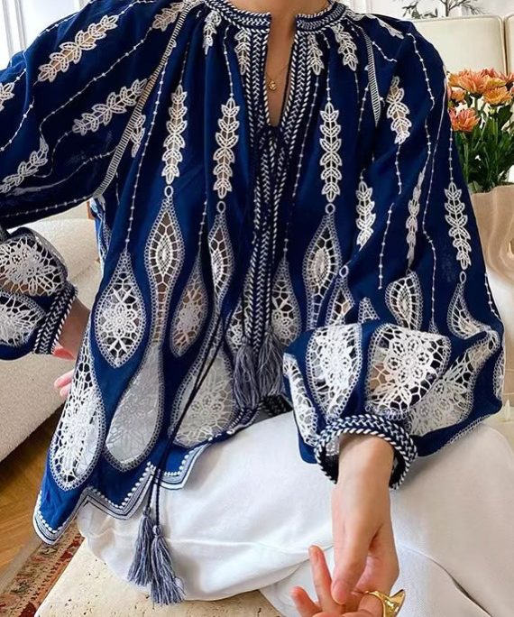 Loose Blue Hollow Out Lace Up Cotton Blouses Spring