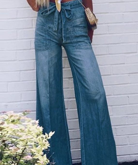 Loose Blue Lace Up High Waist Denim Wide Leg Pants Spring