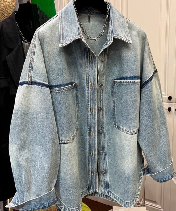Loose Blue Peter Pan Collar Button Pockets Denim Mens Coats Spring