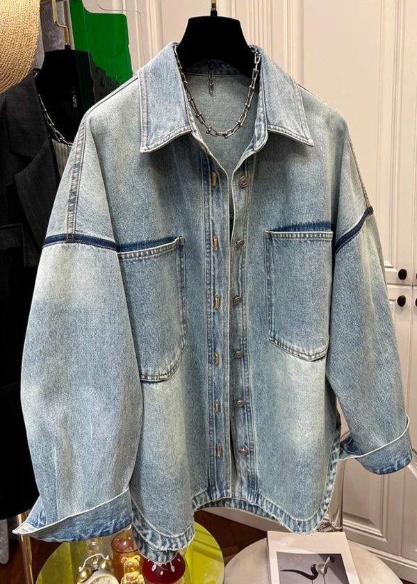 Loose Blue Peter Pan Collar Button Pockets Denim Mens Coats Spring