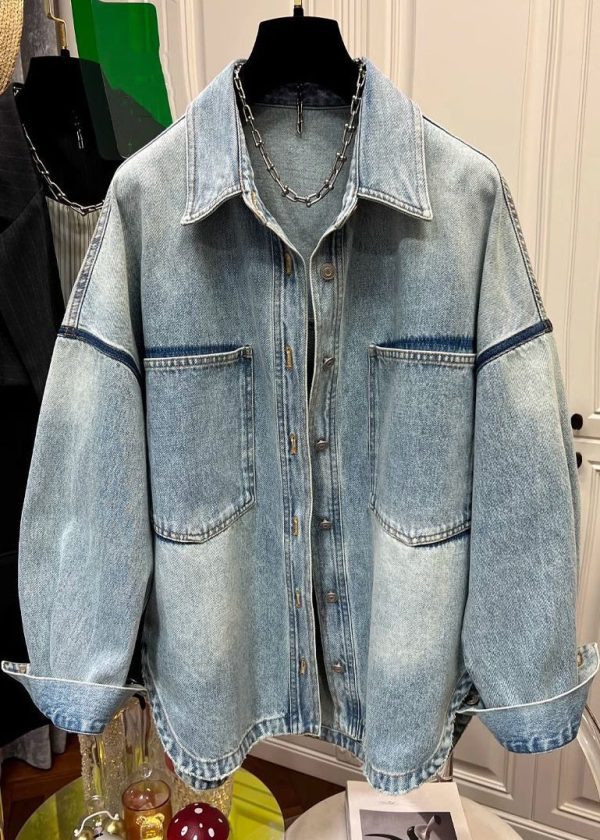 Loose Blue Peter Pan Collar Button Pockets Denim Mens Coats Spring - Image 2