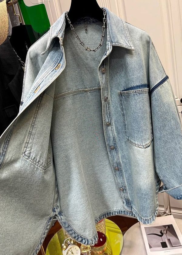 Loose Blue Peter Pan Collar Button Pockets Denim Mens Coats Spring - Image 4