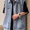 Loose Blue Peter Pan Collar Pockets Denim Men Waistcoat Sleeveless